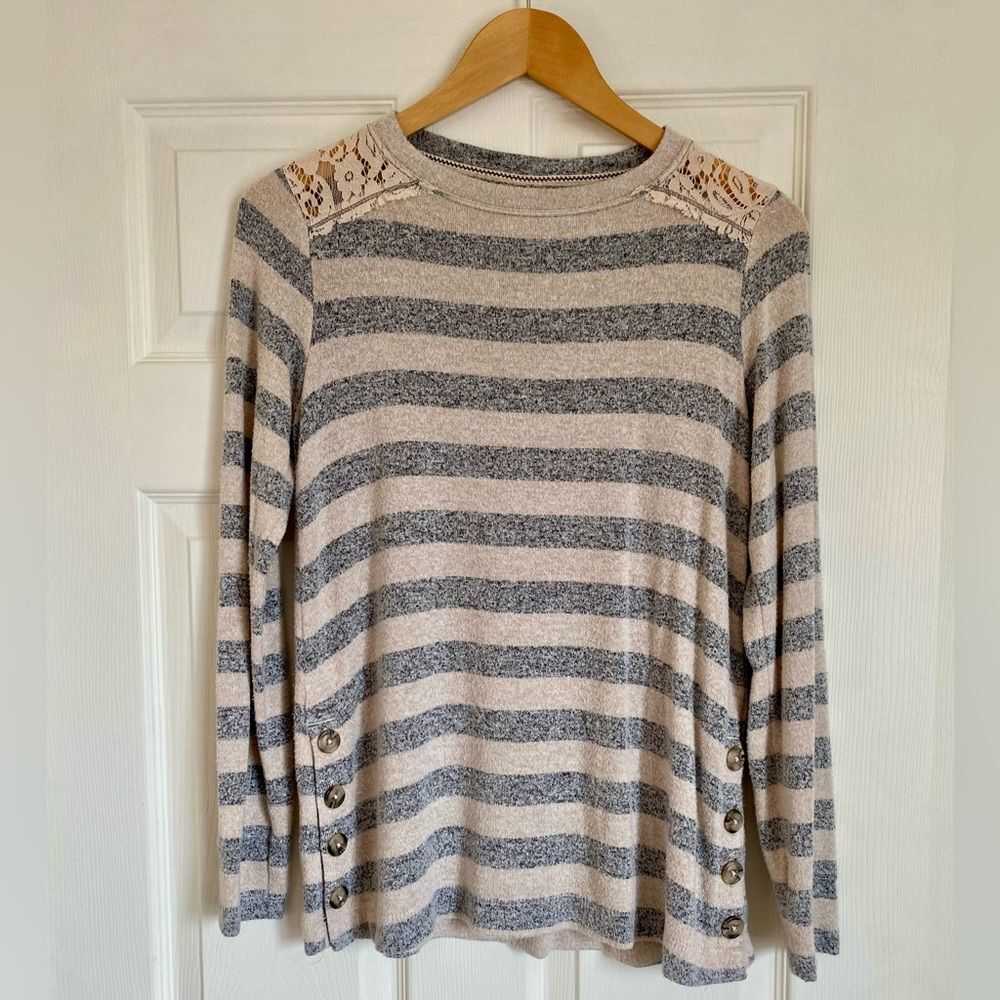 Knox Rose Gray and Cream Striped Sweater/ Sweatshirt Lace and Button Accents